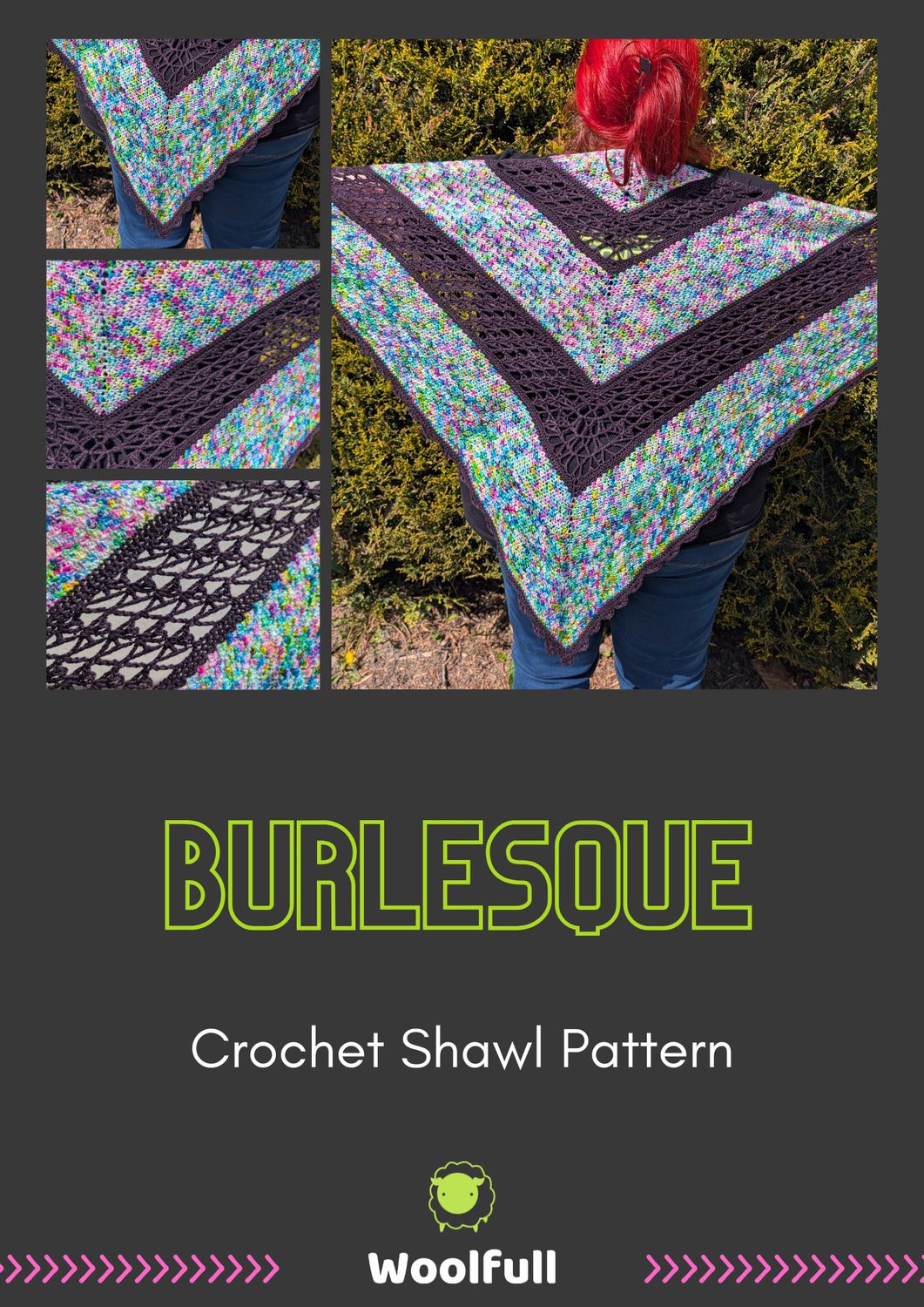 The front cover of the pattern showing 4 images of the shawl.