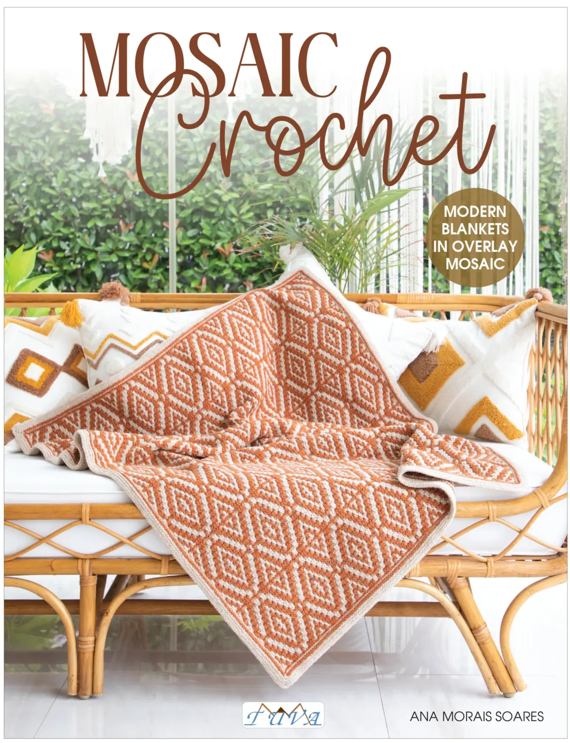 The front cover of the book, showing an orange and white mosaic crocheted blanket.
