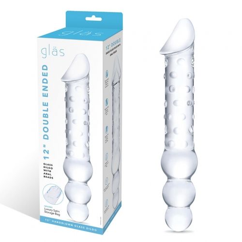 12 12" Double Ended Glass Dildo With Anal Beads