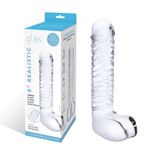 8 8" Realistic Ribbed Glass G-Spot Dildo With Balls