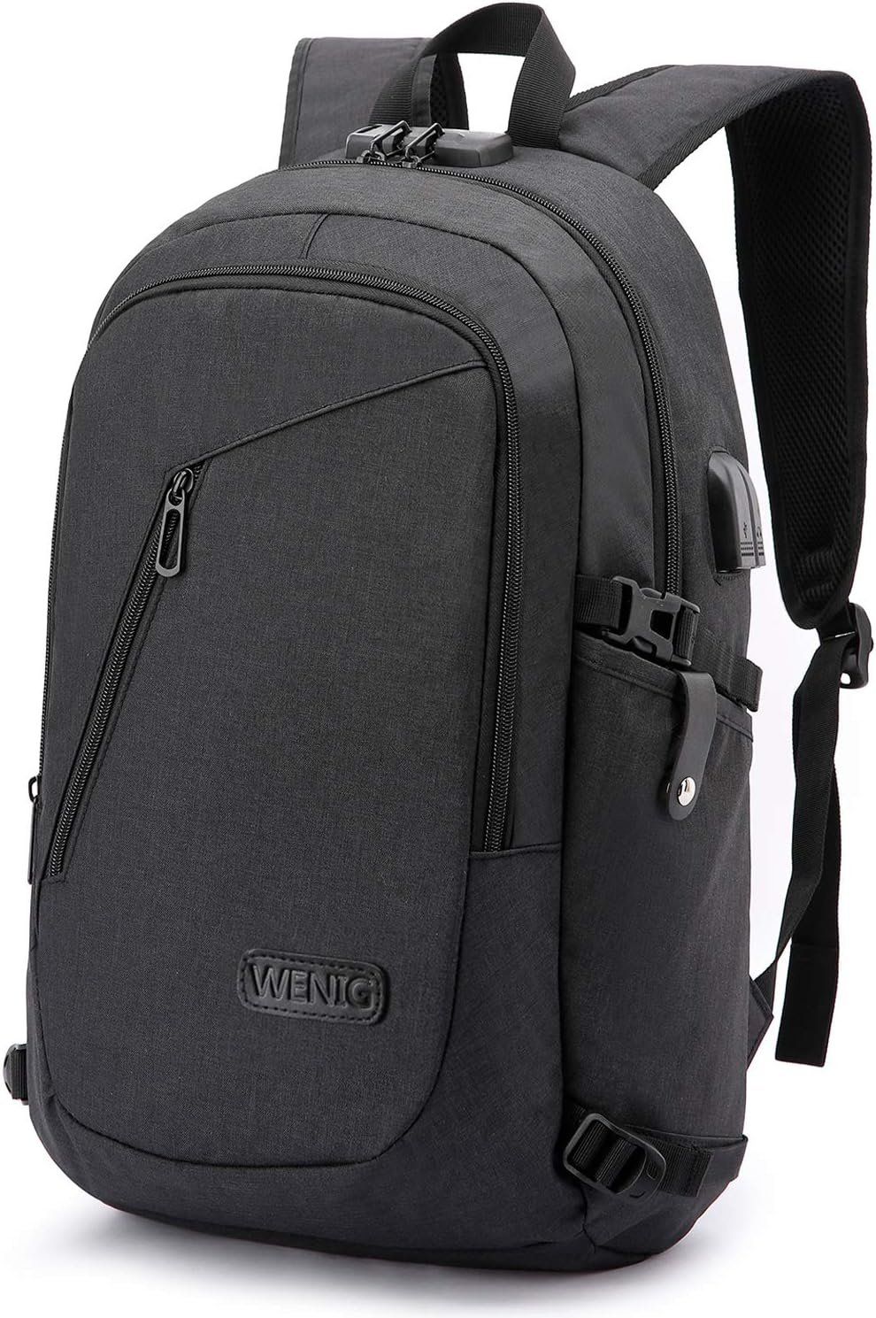 WENIG Anti-Theft Travel Laptop Backpack with USB Charging Port  Fits 15.6 Inch Laptop Black