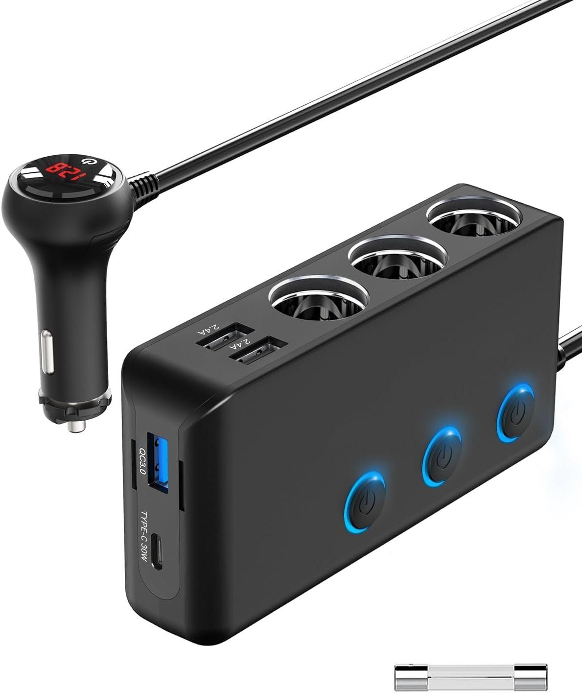 Qidoe 3 Socket Cigarette Lighter Adapter with PD30W USB-C &amp; QC3.0 Multi USB Car Charger