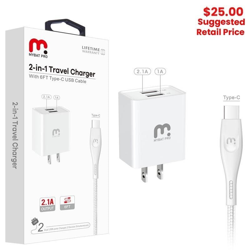 (2in1) MyBat Pro - Travel Adapter w/ USB-C Cable (6ft)