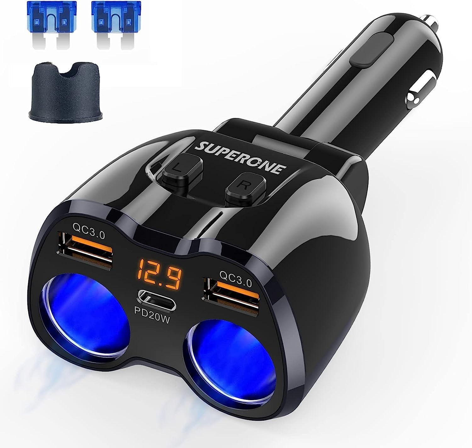 SUPERONE 180W 2-Socket Cigarette Lighter Adapter with Dual QC3.0 and 20W PD USB C Car Charger Splitter