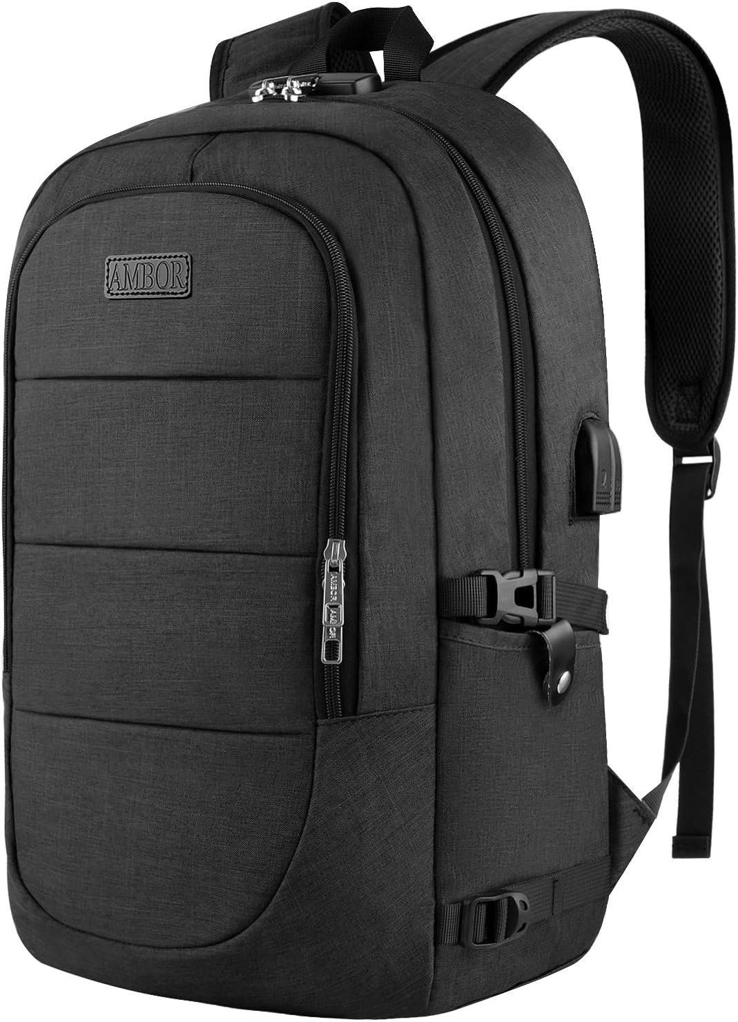 AMBOR  17.3 inch Anti Theft Business Laptop Backpack with USB Charging Port Black