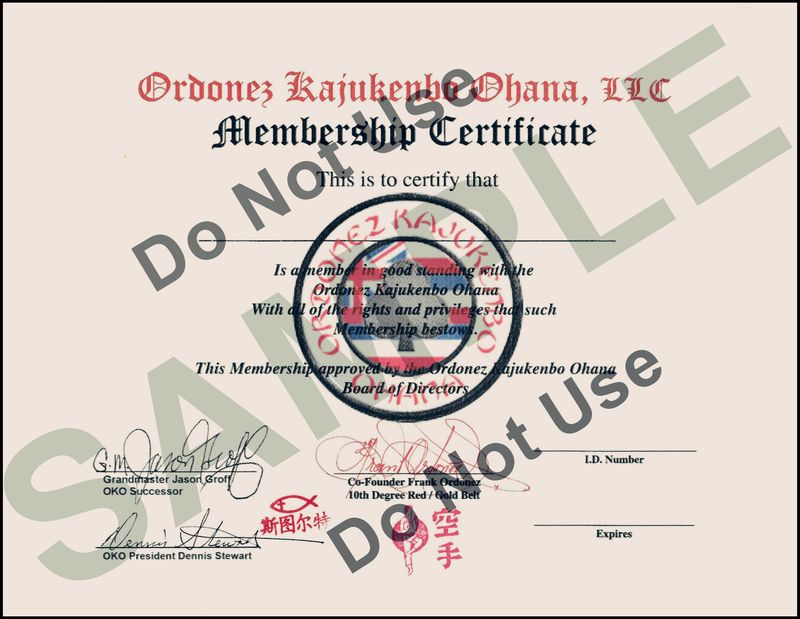 OKO Lifetime Membership Certificate