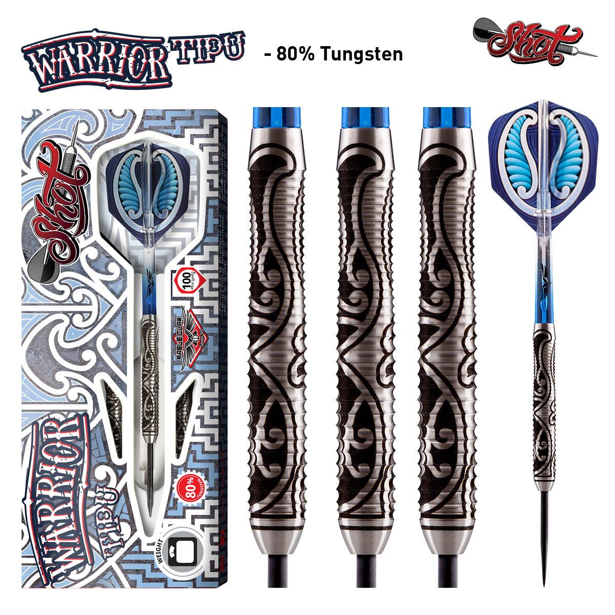 WARRIOR TIPU STEEL TIP DART SET - 80% TUNGSTEN -21GM