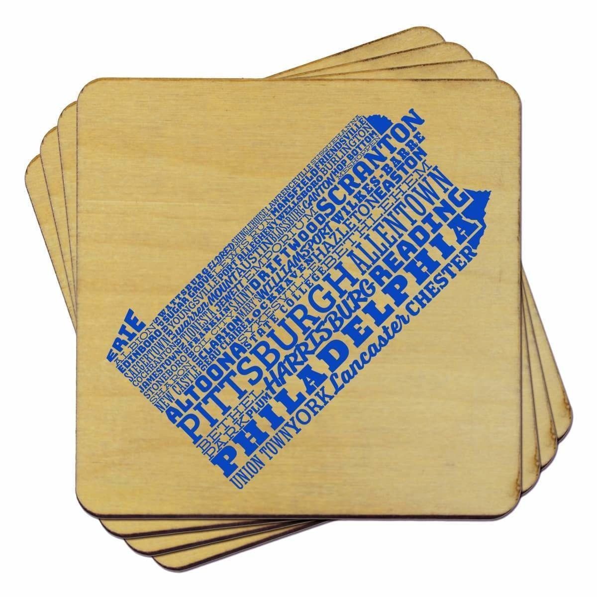 TORCHED SET OF 4 PRINTED COASTERS - TYPOGRAPHY - PENNSYVANIA