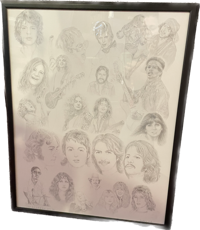 Framed Picture Sketch In Time PENCIL DRAWING OF 1970s POP STARS  by BARBARA HOLT 24x31