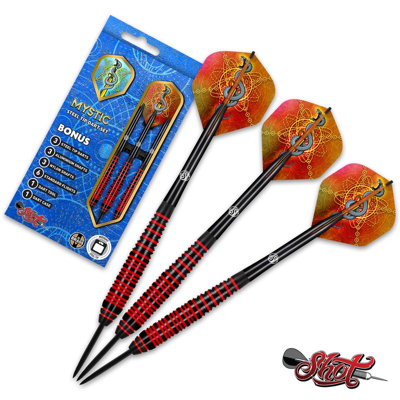 Mystic Red Steel Tip Dart Set Colour Plated Brass Barrels 23gm