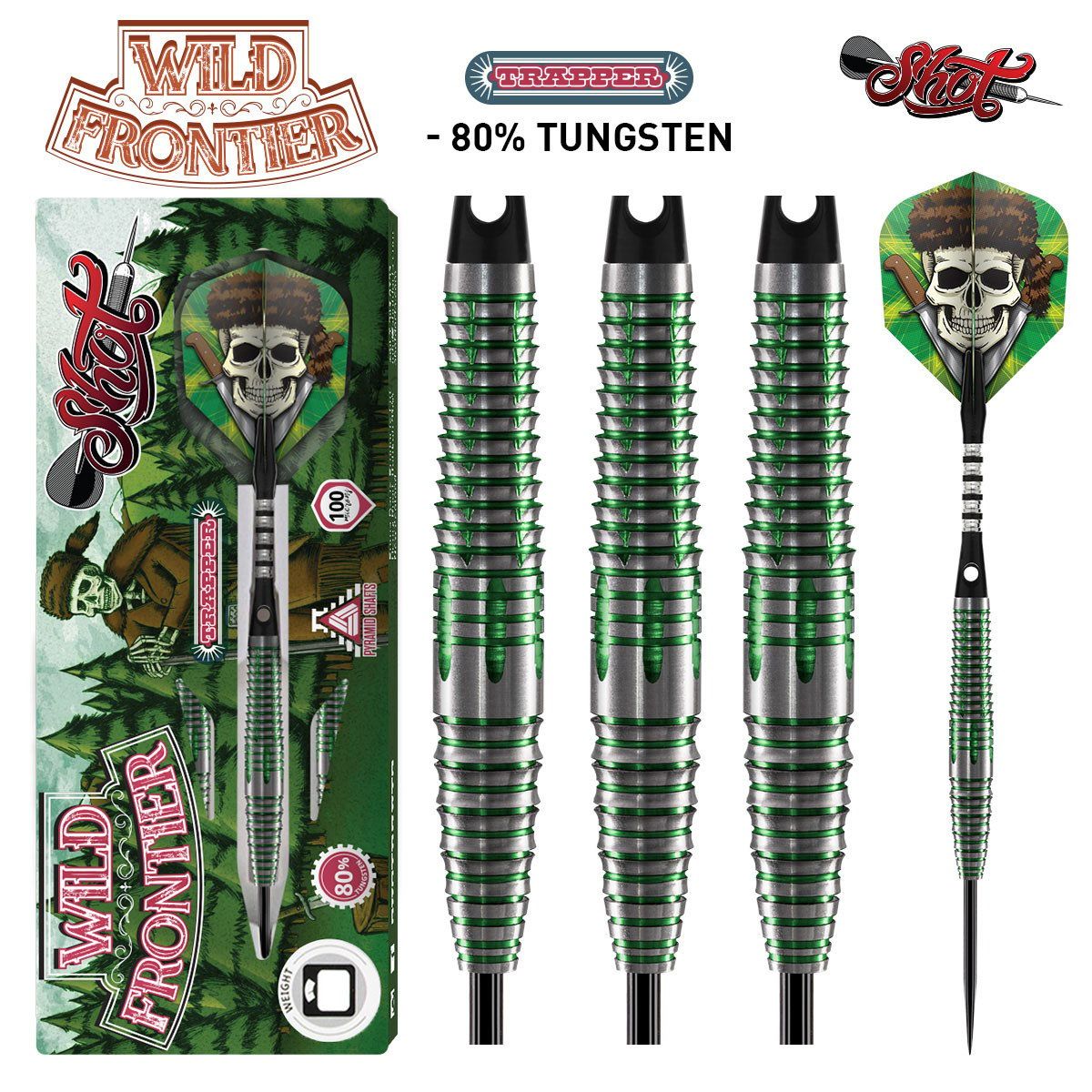 WILD FRONTIER TRAPPER STEEL TIP DART SET- 80% TUNGSTEN- 22GM