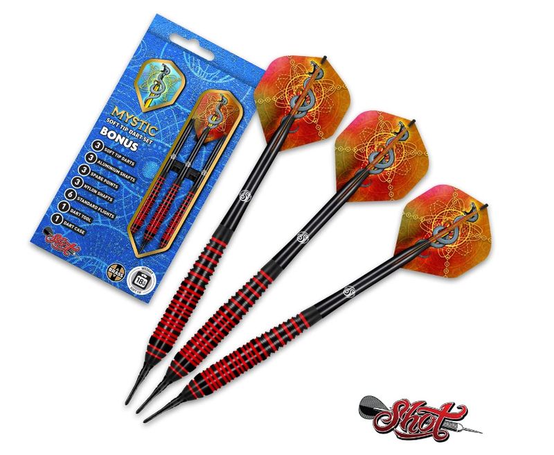 Mystic Red Soft Tip Dart Set Color Plated Brass Barrels 18gm