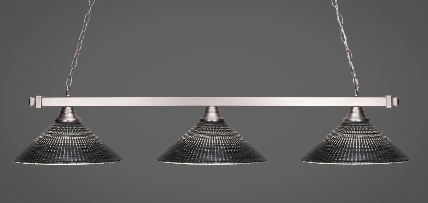 803-BN-4019 Square 3 Light Bar Shown In Brushed Nickel Finish With 16&quot; Black Matrix Glass Billard Bar Light
