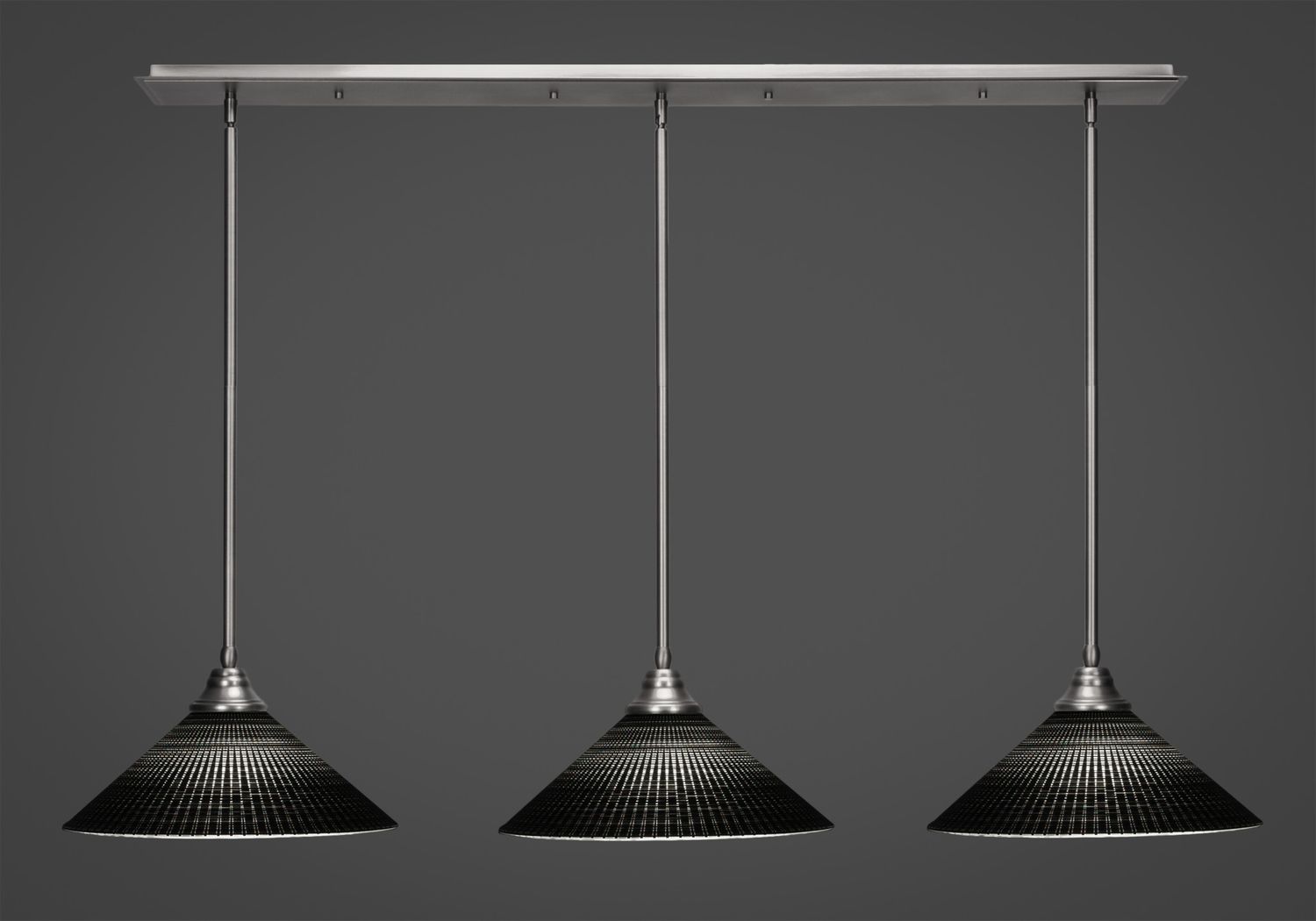 48-BN-4019 3 Light Linear Pendalier With Hang Straight Swivels Shown In Brushed Nickel Finish With 16&quot; Black Matrix Glass Billiard Bar Light