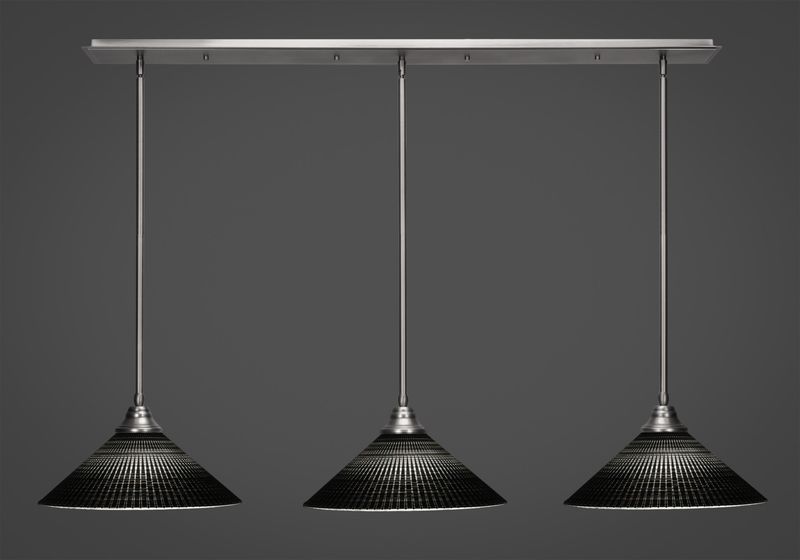 48-BN-4019 3 Light Linear Pendalier With Hang Straight Swivels Shown In Brushed Nickel Finish With 16&quot; Black Matrix Glass Billiard Bar Light