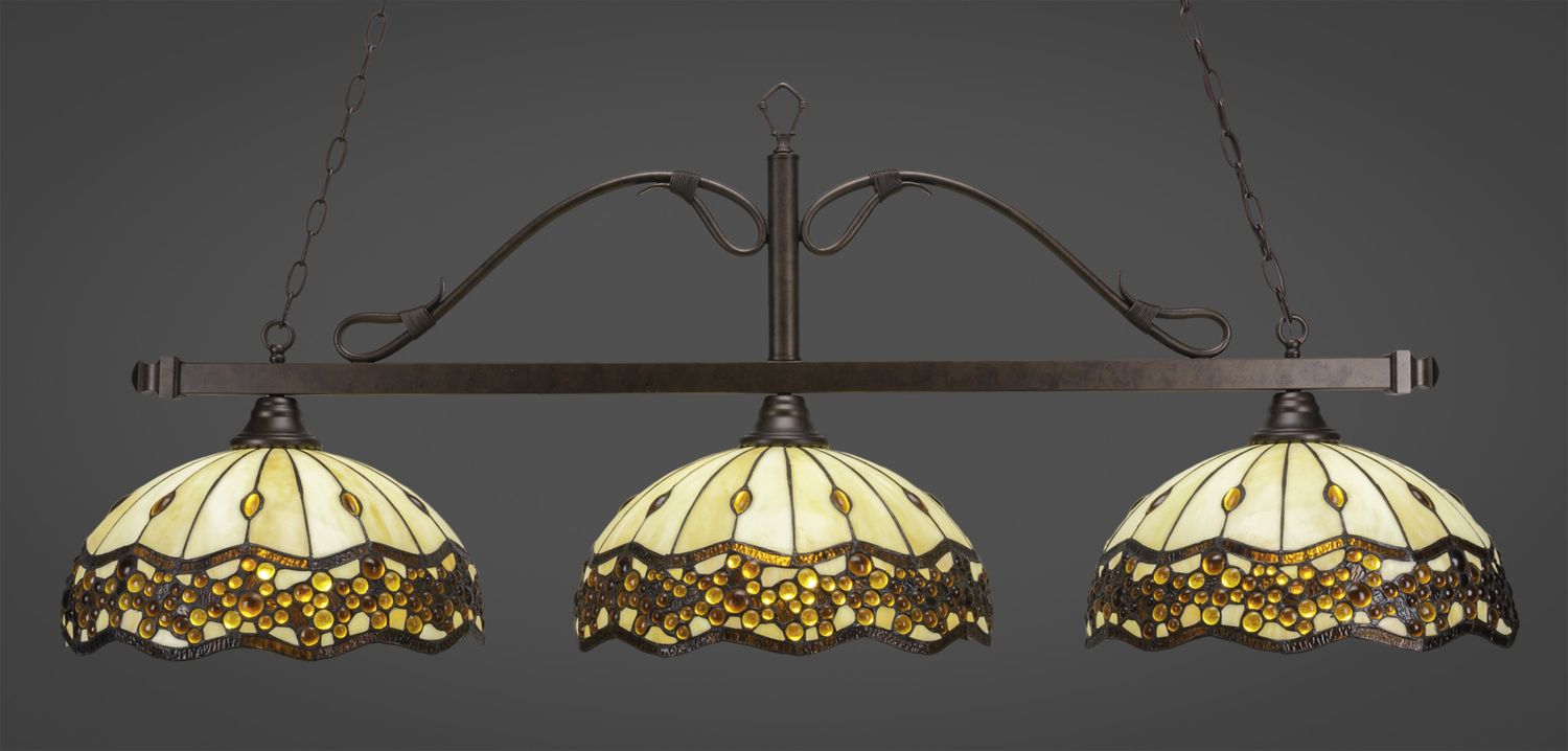 823-BRZ-997 Scroll 3 Light Bar Shown In Bronze Finish With 16&quot; Roman Jewel Art Glass Billiard Bar Light