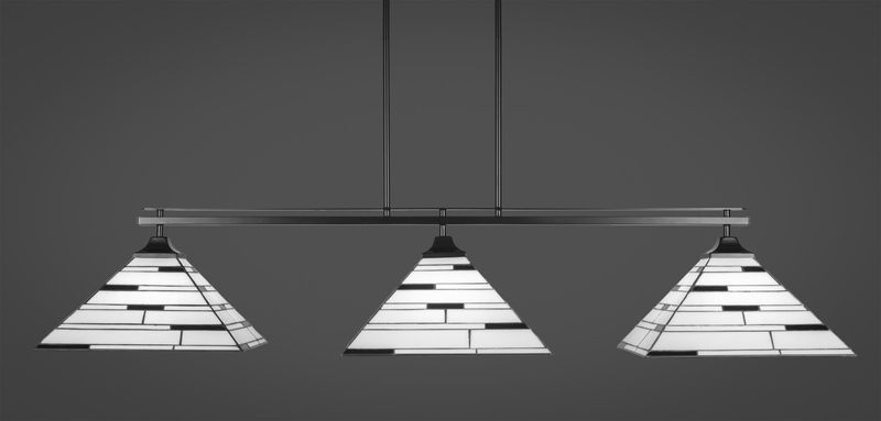2643-MB-952  Odyssey 3 Light Bar With Square Fitter Shown In Matte Black Finish With 14&quot; Square Pearl Ebony Art Glass Billiard Bar Light