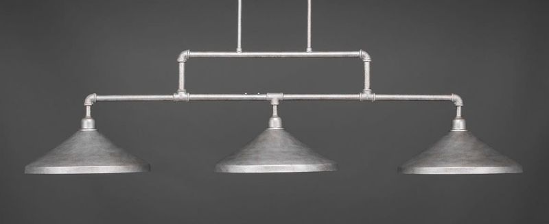 333-AS-422 Vintage 3 Light Bar Shown In Aged Silver Finish With 14&quot; Aged Silver Cone Metal Shades Billiard Light