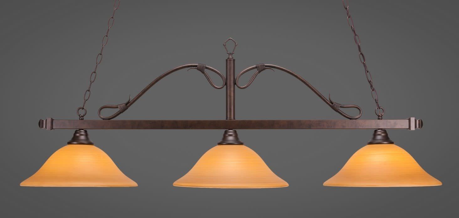 823-BRZ-622 Scroll 3 Light Bar Shown In Bronze Finish With 16&quot; Cayenne Linen Glass Billiard Bar Light