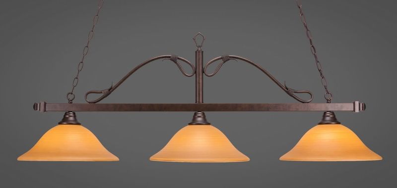 823-BRZ-622 Scroll 3 Light Bar Shown In Bronze Finish With 16&quot; Cayenne Linen Glass Billiard Bar Light