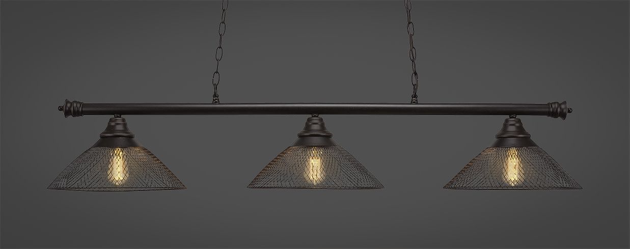 373-DG-808-LED18A Oxford 3 Light Bar Shown In Dark Granite Finish With 14&quot; Dark Granite Cone Mesh Metal Shades And Amber Led Bulbs Billiard Bar Light