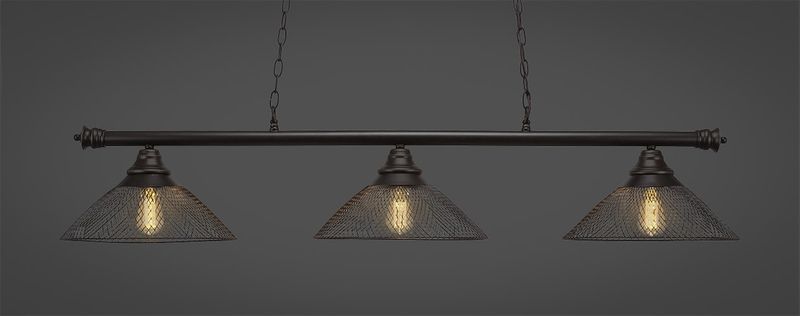 373-DG-808-LED18A Oxford 3 Light Bar Shown In Dark Granite Finish With 14&quot; Dark Granite Cone Mesh Metal Shades And Amber Led Bulbs Billiard Bar Light