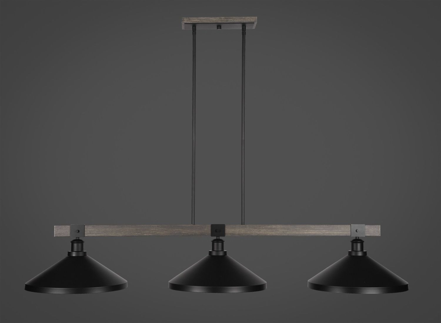 1863-MBDW-424-MB Tacoma 3 Light Bar In Matte Black &amp; Painted Distressed Wood-look Metal Finish With 14&quot; Matte Black Metal Shades Billiard Bar Light