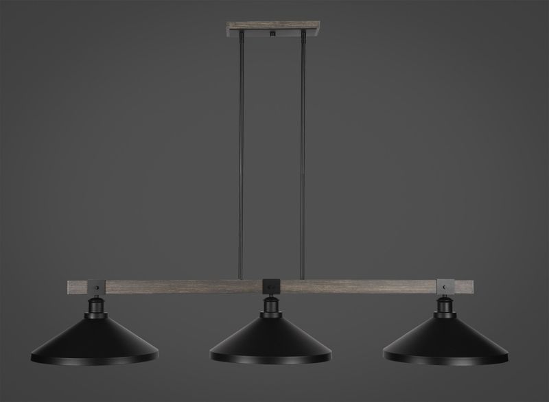 1863-MBDW-424-MB Tacoma 3 Light Bar In Matte Black &amp; Painted Distressed Wood-look Metal Finish With 14&quot; Matte Black Metal Shades Billiard Bar Light