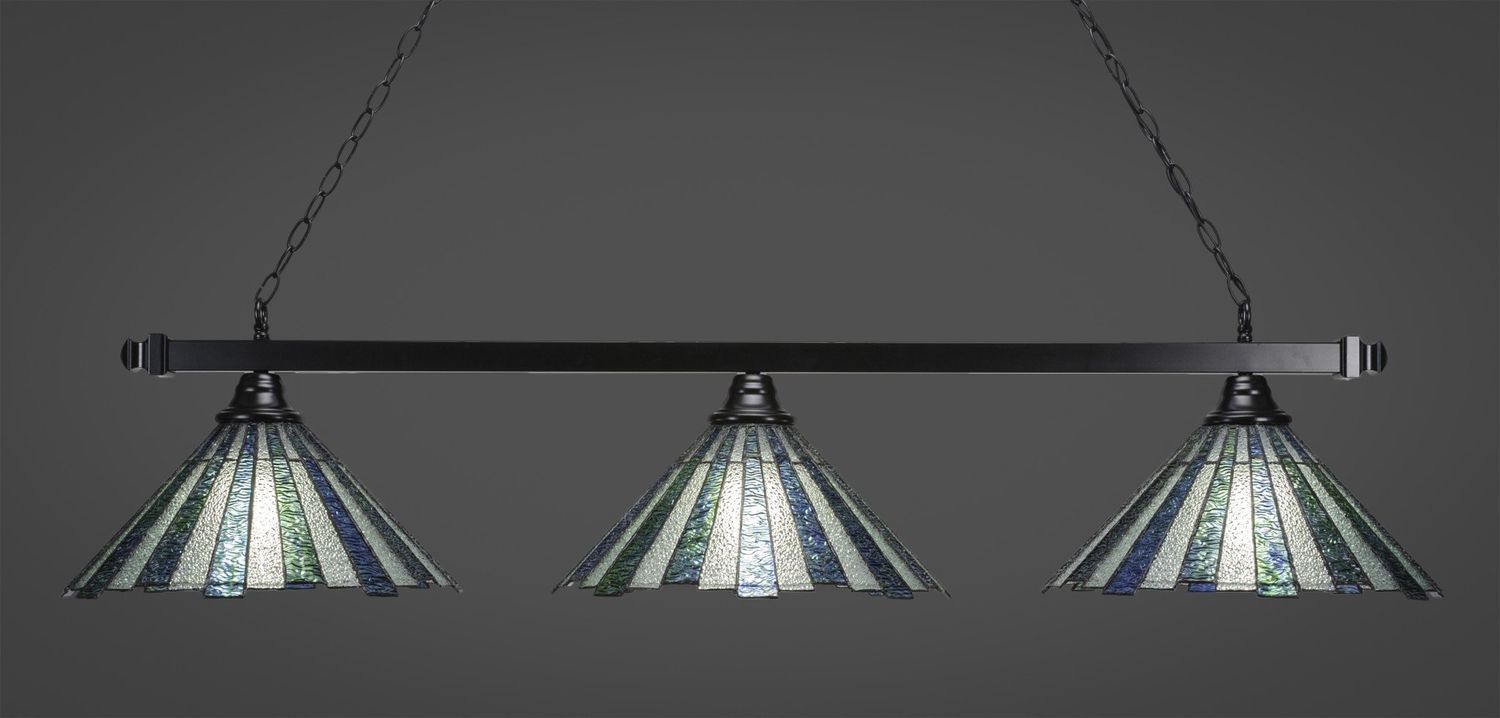 803-MB-932 Square 3 Light Bar Shown In Matte Black Finish With 16&quot; Sea Ice Art Glass Billiard Bar Light