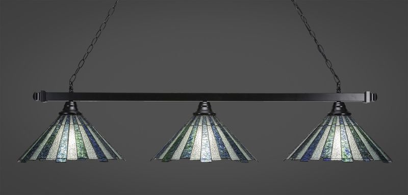 803-MB-932 Square 3 Light Bar Shown In Matte Black Finish With 16&quot; Sea Ice Art Glass Billiard Bar Light
