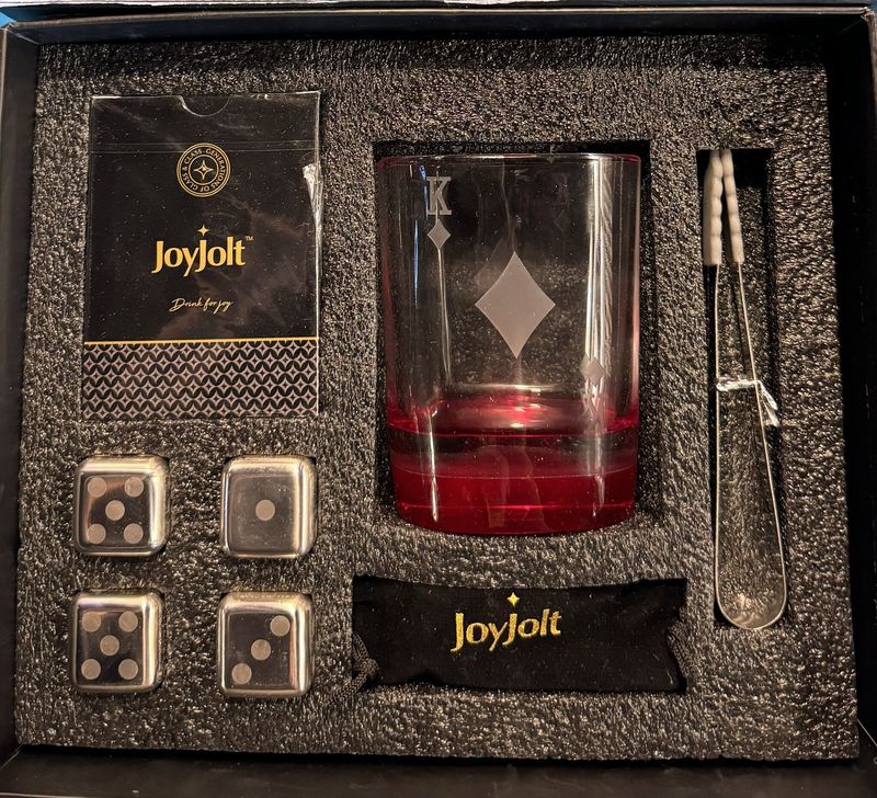 Joy Jolt Glassware Poker Set - 1 Whiskey Glass, Deck of Cards, 4 Whiskey Stones &amp; Tongs