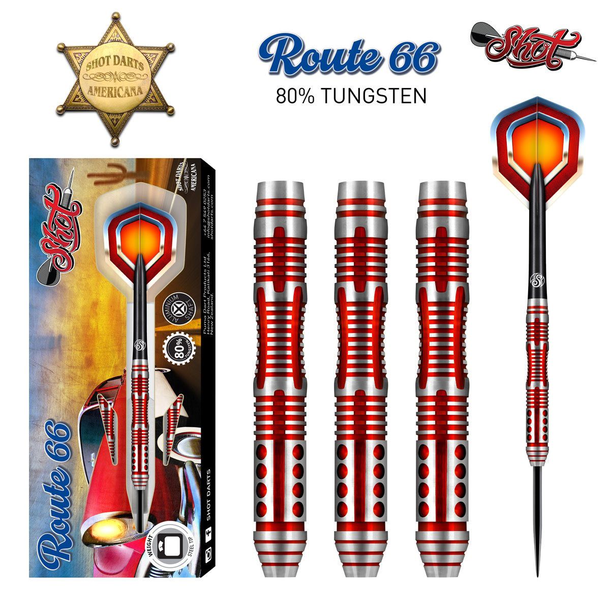 AMERICANA ROUTE 66 STEEL TIP DART SET - 80% TUNGSTEN , Size: 23GM