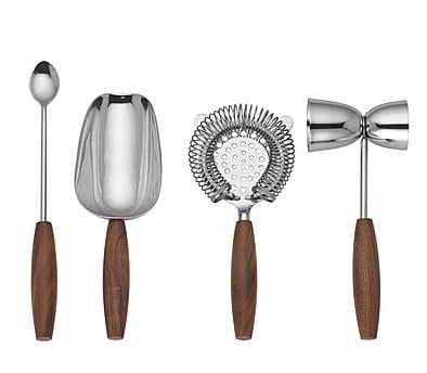 Lenox 4 Piece Bar Tool Set - Strainer, Ice Shovel, Jigger &amp; Mixing Spoon with Tuscany Wood Handle