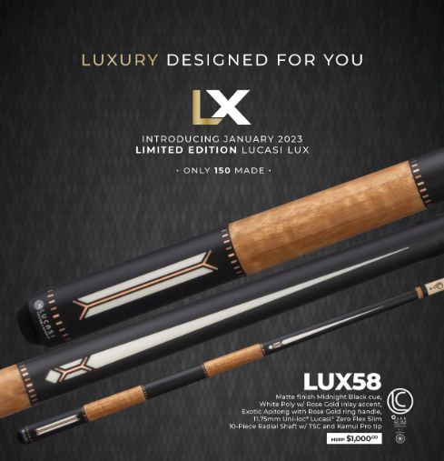 LUX58 Lucasi January 2022 Cue of the Month with 11.75mm Uni-loc Zero Flex Slim Shaft