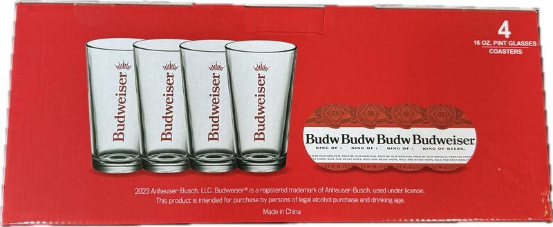 Budweiser 4 16oz Pint Glasses and 4 Coaster Set