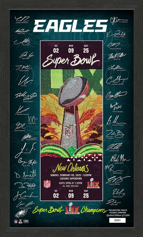 PHILADELPHIA EAGLES SUPER BOWL LIX CHAMPIONS SIGNATURE TICKET FRAMED PICTURE 12&quot; X 20&quot;