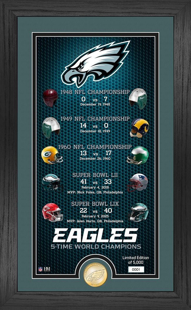 PHILADELPHIA EAGLES 5-TIME SUPER BOWL CHAMPIONS LEGACY BRONZE COIN PHOTO MINT 12&quot; X 20&quot; PICTURE