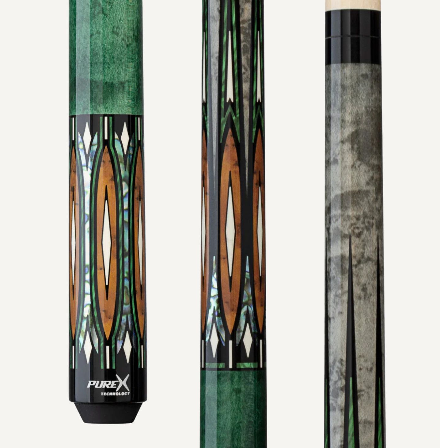 Pure X Green &amp; Grey Stain Maple with Malachite/Thuya Burl Wrapless Cue Stick
