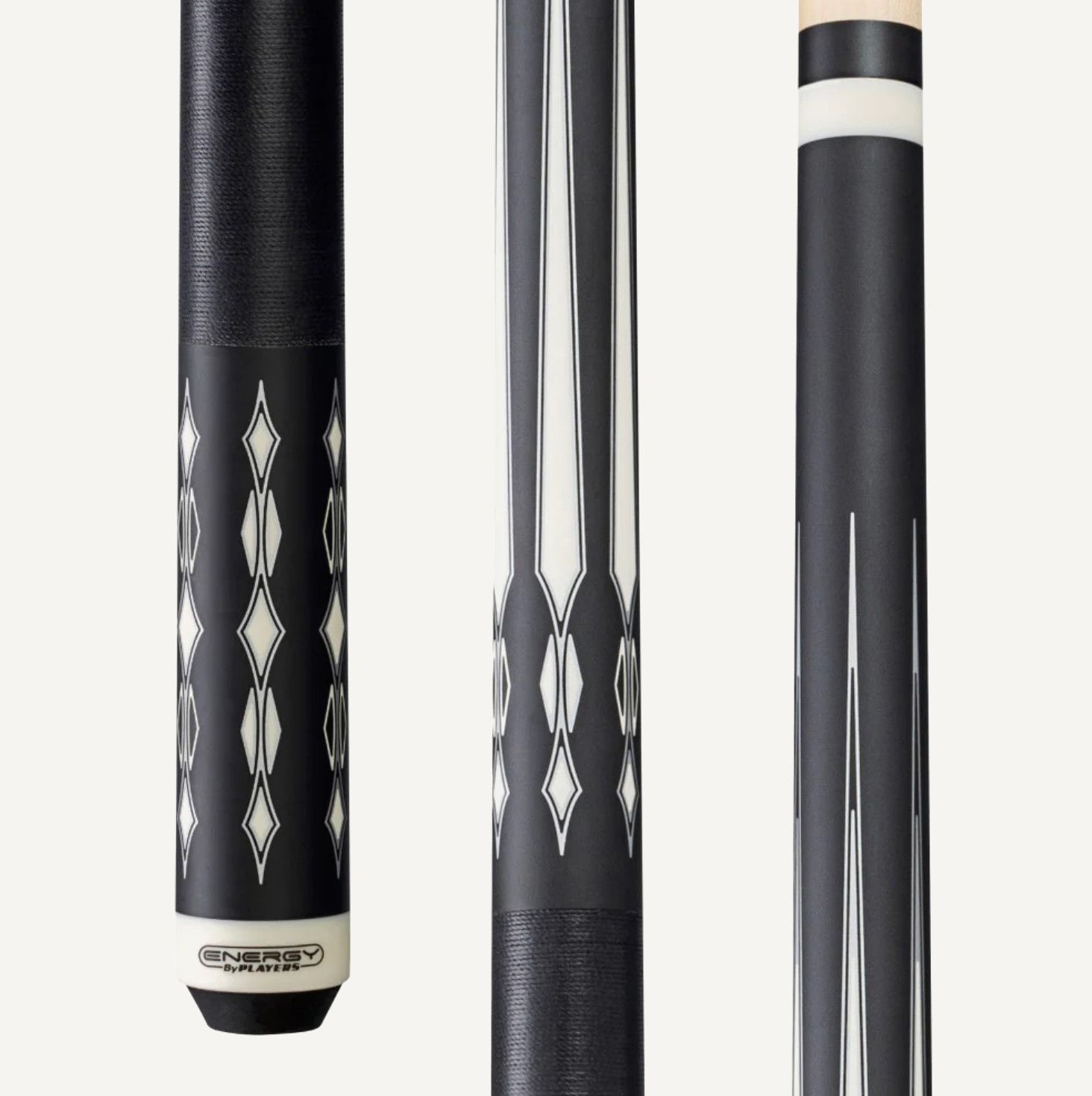 Energy By Players Matte Black/White with Silver Cue with Black Linen Wrap Cue Stick