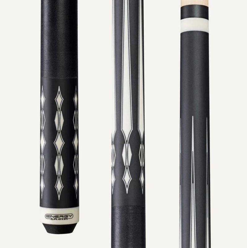 Energy By Players Matte Black/White with Silver Cue with Black Linen Wrap Cue Stick