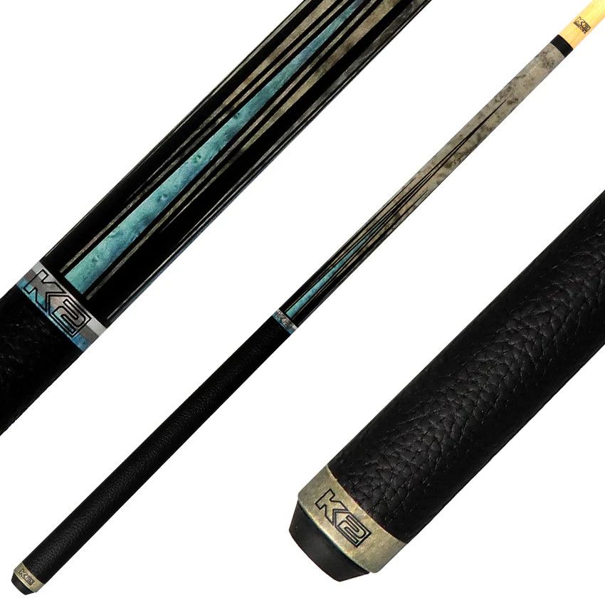 K2 KLLE1W Graphic Pool Cue with Leather Wrap - Matte Gray-Stained Maple and Blue Points Leather Wrap Pool Cue with  LD Shaft