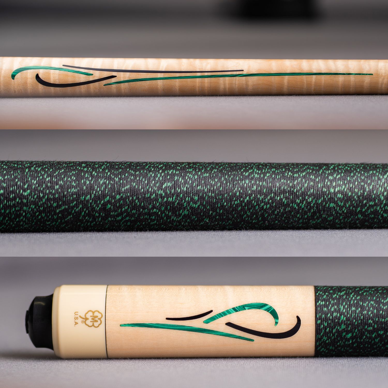 G416C2 November 2025 Cue of the Month Green Malachite and black urethane points 12.5mm G Core  Shaft