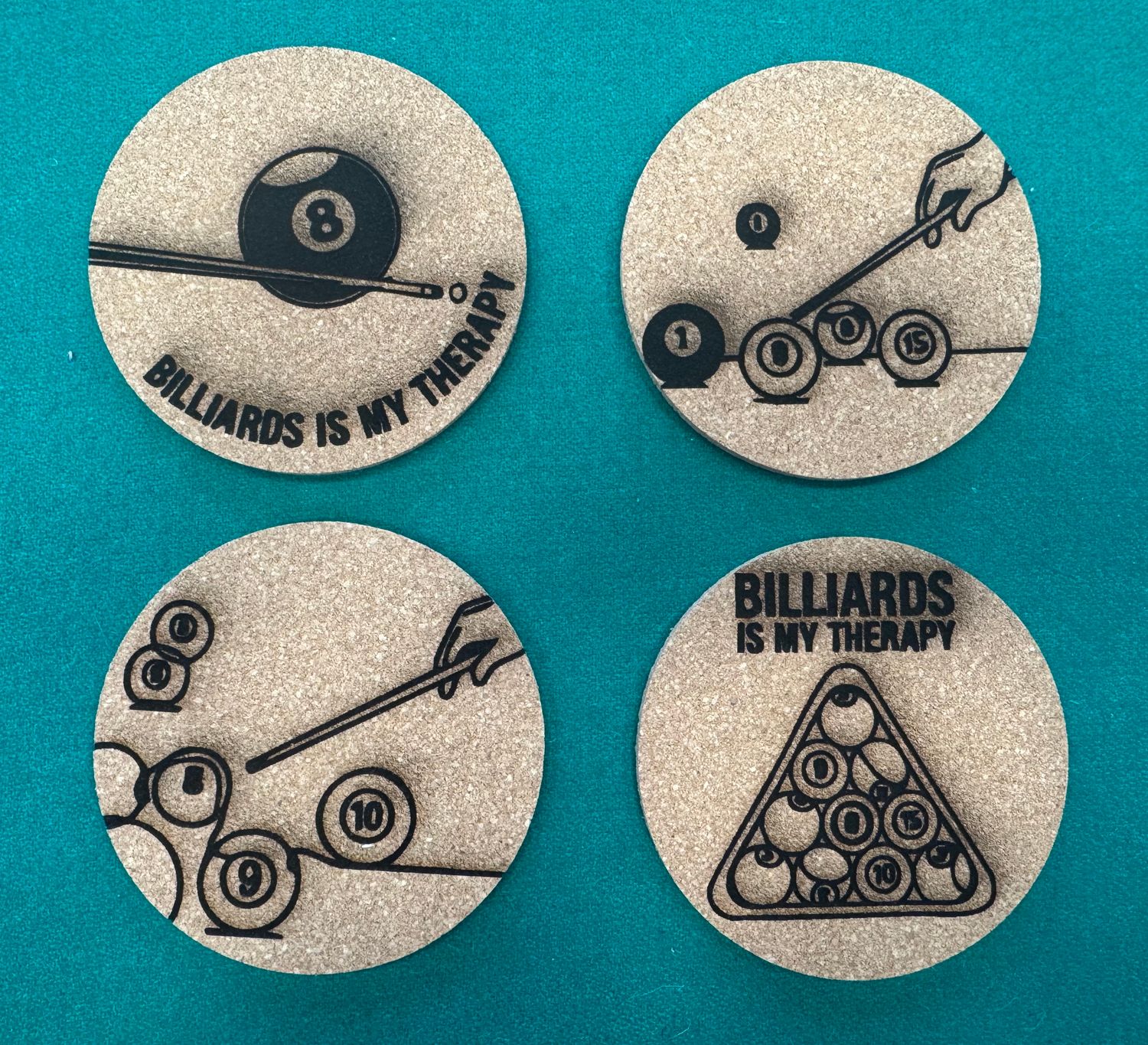 Billiard Coaster Set 4 designs - 4 pack #2 - Billiard is My Therapy Billiard Player Gift