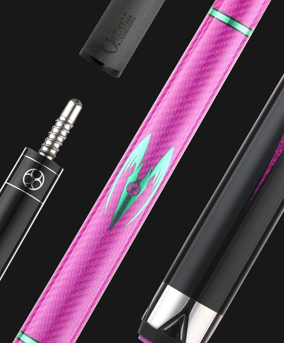 Poison Maelith Pool Cue Stick  - Gen 1 - PINK with METALLIC GREEN - No wrap  with 12.4mm Venom Carbon Fiber Shaft
