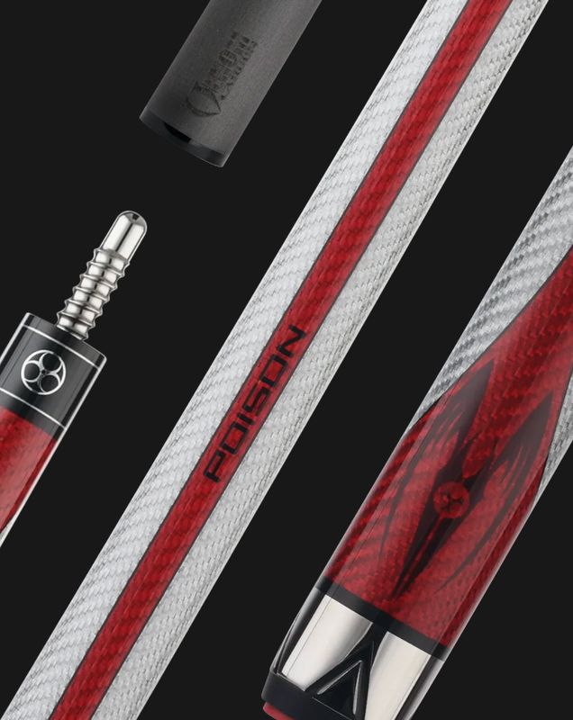Poison Maelith Pool Cue Stick  - Gen 1 - GREY with RED - No wrap  with 12.4mm Venom Carbon Fiber Shaft