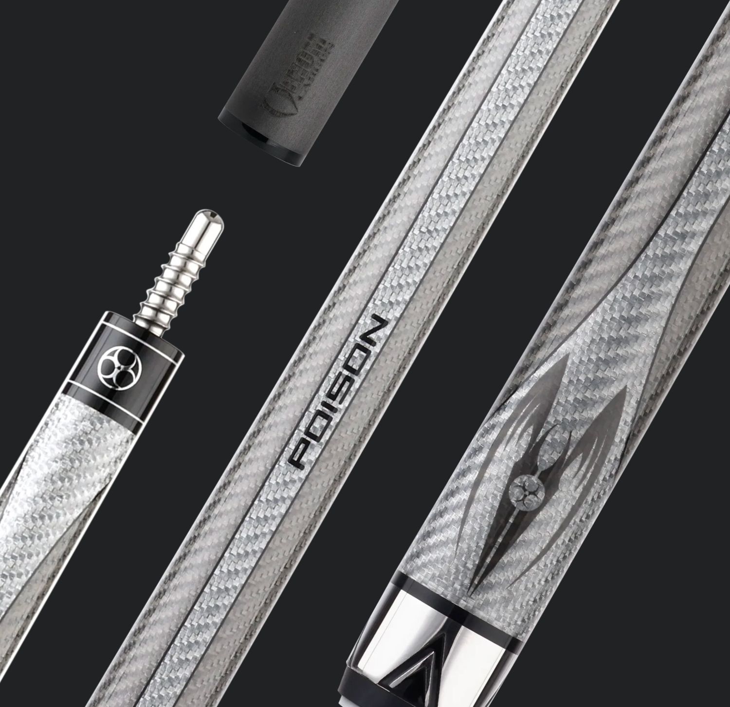 Poison Maelith Pool Cue Stick  - Gen 1 - DARK GREY with GREY- No wrap  with 12.4mm Venom Carbon Fiber Shaft