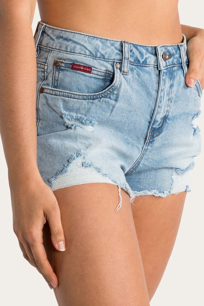 Ringers Western - JESSIE Womens Mild Rise Ripped Denim Shorts, Color: Vintage Light Blue, Size: 12