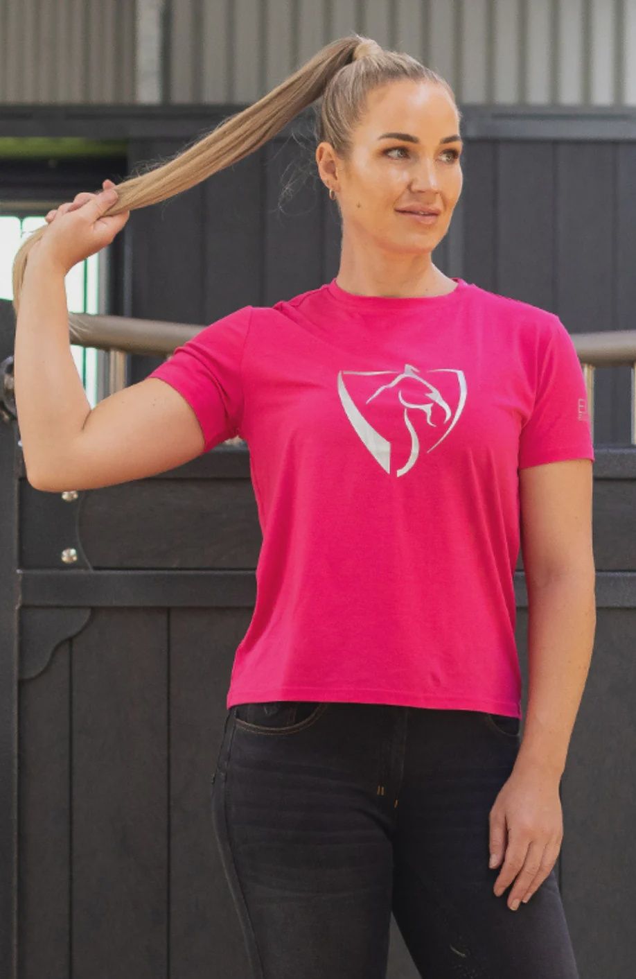 BARE Equestrian - Silver Logo T-Shirt - Dark Pink, Size: XS