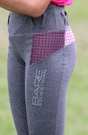 Bare Equestrian - Youth Performance Riding Tights - Grey with Pink Houndstooth, Size: Childs 6/8