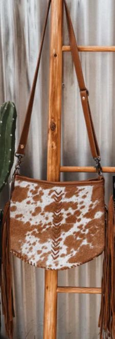 Tan + Soft Leather Arrow Detail Crossbody bag W Fringe